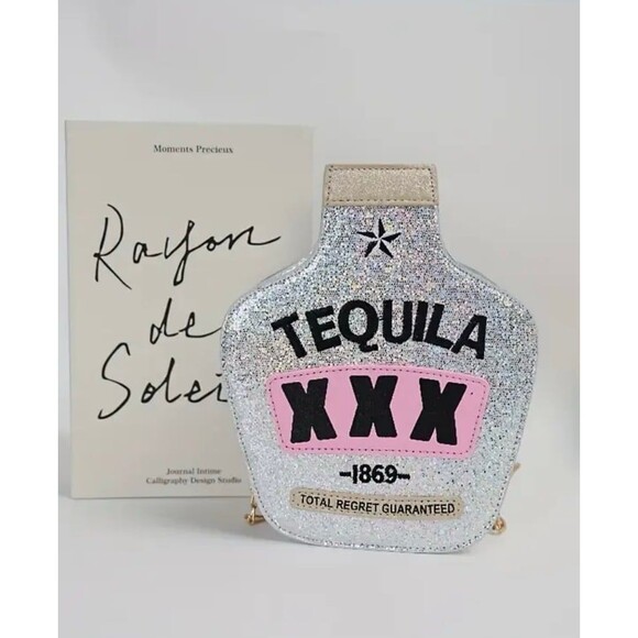 Sparkle Tequila Bottle Clutch Purse Silver Glitter Evening Bag 7x3x9 Inches - Picture 4 of 6